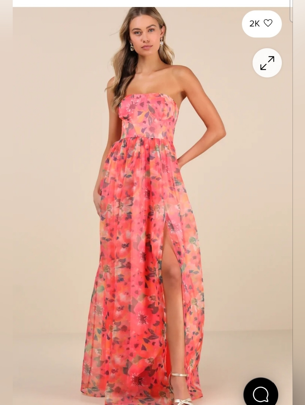 Wonderful Waltz Coral Floral Print Strapless Bustier Maxi Dress